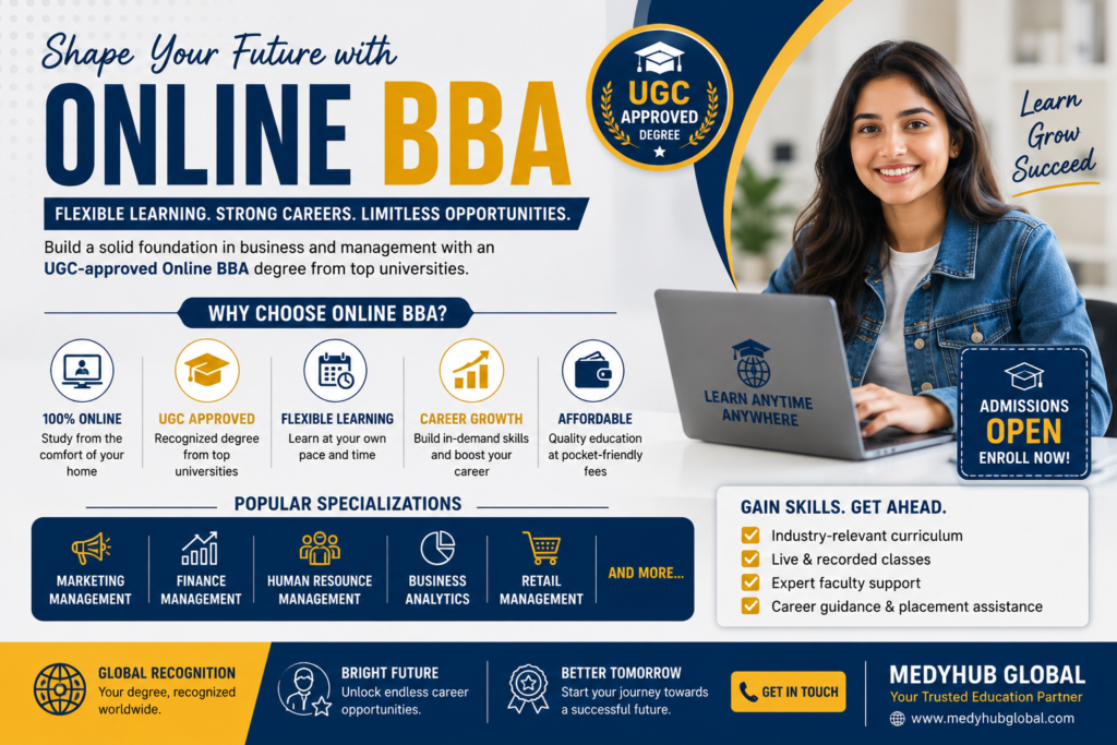 Student promoting Online BBA programs with UGC-approved flexible learning and career-focused specializations in Digital Marketing, Finance, and Business Analytics